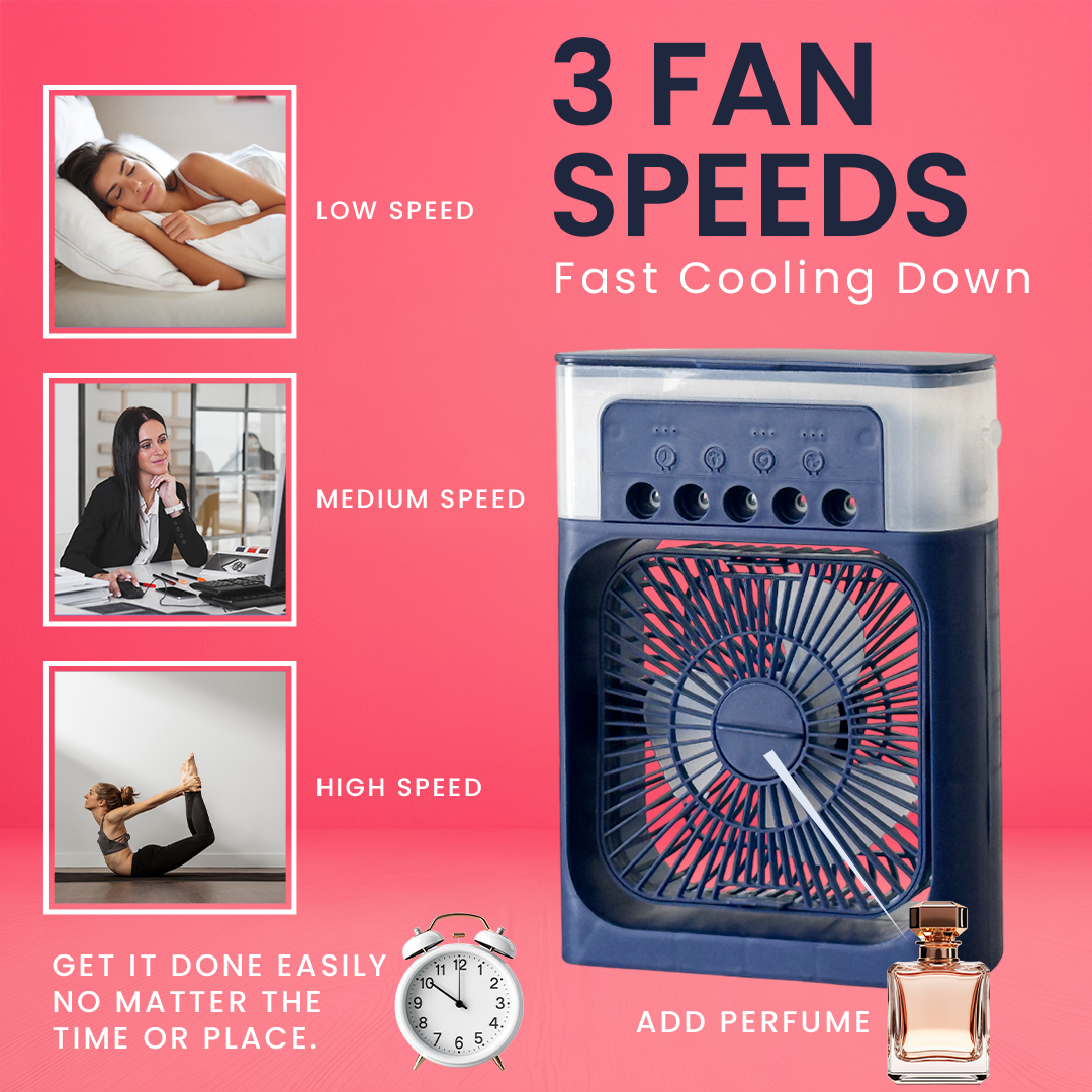 Air Cooler with 7-Color LED, USB Desk Fan, 3-in-1 Evaporative Cooler for Home, Office & Travel – 3 Wind Speeds, Timer & Spray Modes