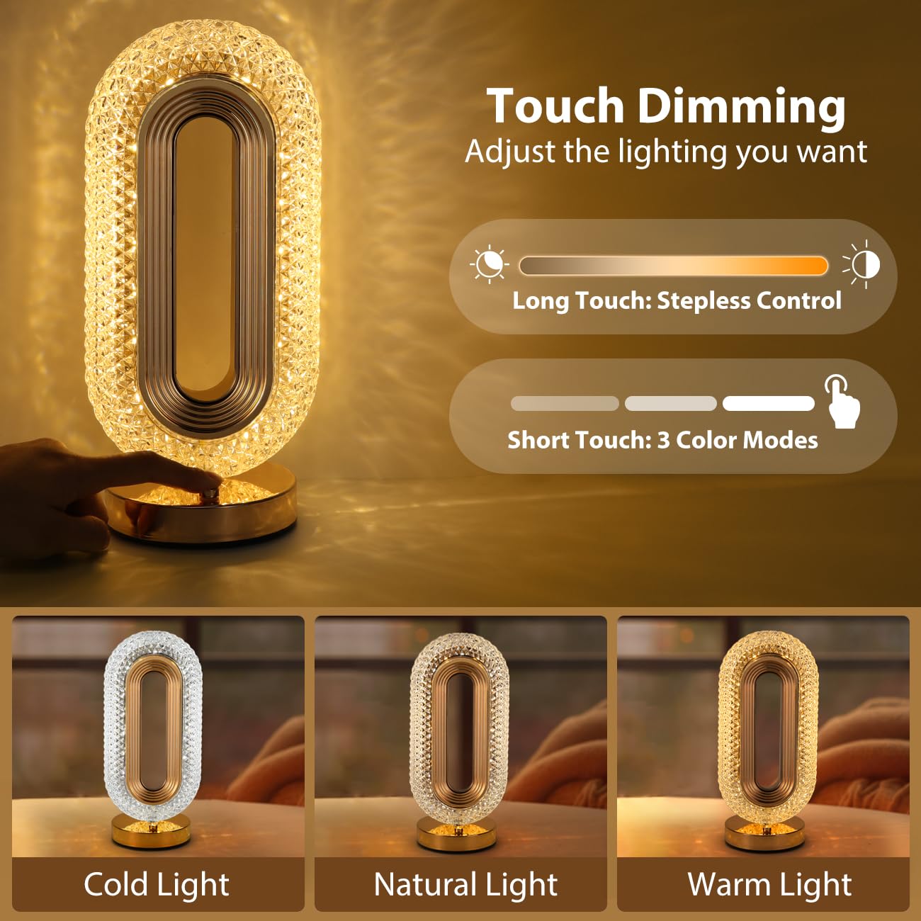 Oval Crystal LED Lamp For Table, Bedroom Decoration with Adjustable Intensity Levels and 3 Color Modes