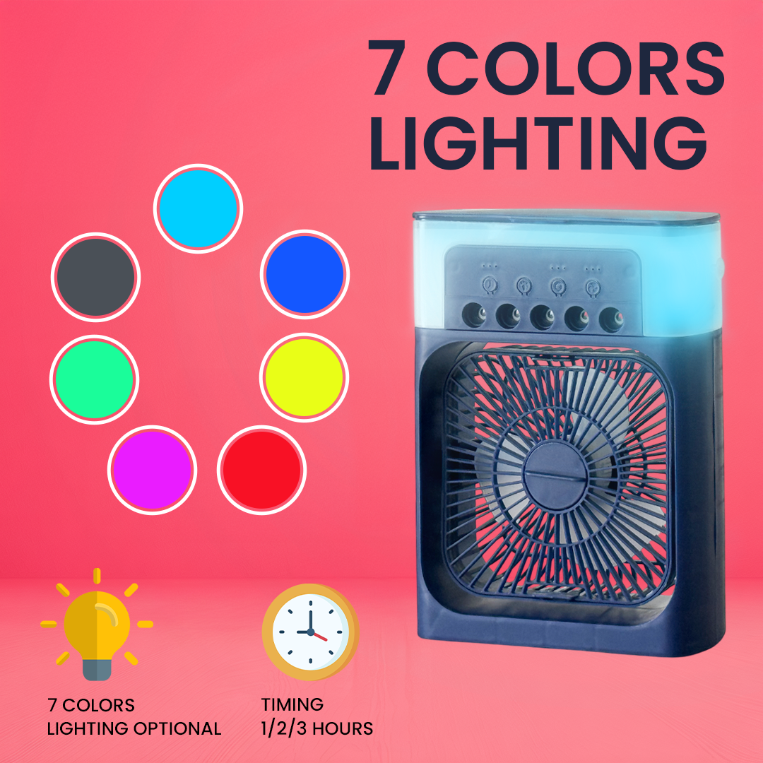 Air Cooler with 7-Color LED, USB Desk Fan, 3-in-1 Evaporative Cooler for Home, Office & Travel – 3 Wind Speeds, Timer & Spray Modes