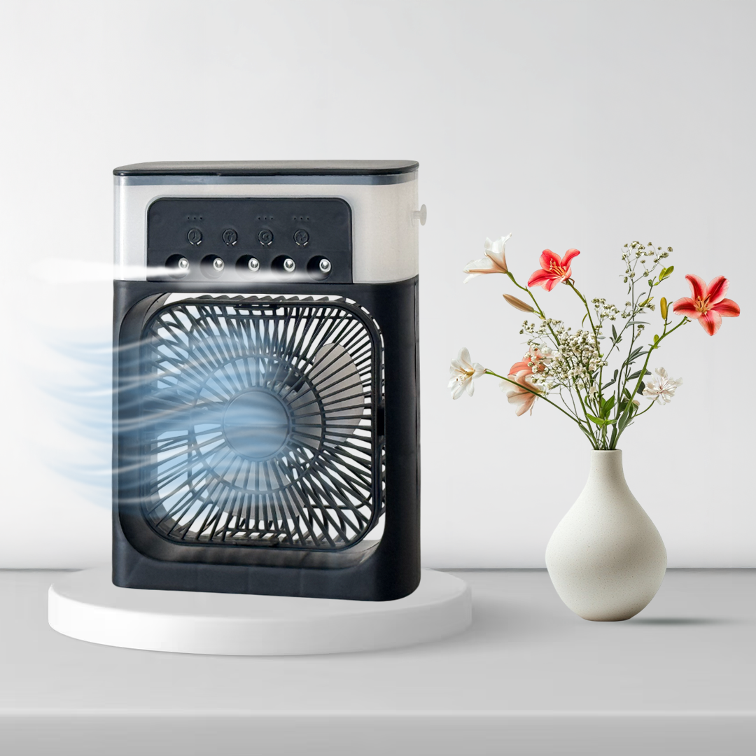 Air Cooler with 7-Color LED, USB Desk Fan, 3-in-1 Evaporative Cooler for Home, Office & Travel – 3 Wind Speeds, Timer & Spray Modes