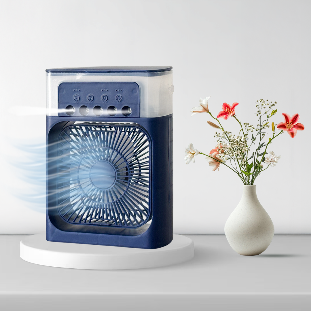 Air Cooler with 7-Color LED, USB Desk Fan, 3-in-1 Evaporative Cooler for Home, Office & Travel – 3 Wind Speeds, Timer & Spray Modes