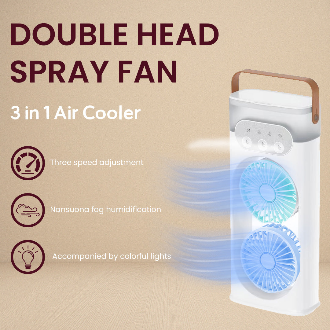 Portable Mini Air Cooler Fan| 3-Speed Control with Double-Ended Spray Cooling and Mist Humidifier | Rechargeable USB Fan with LED Lights | 5 Meter USB Cable and Remote Controller (White)