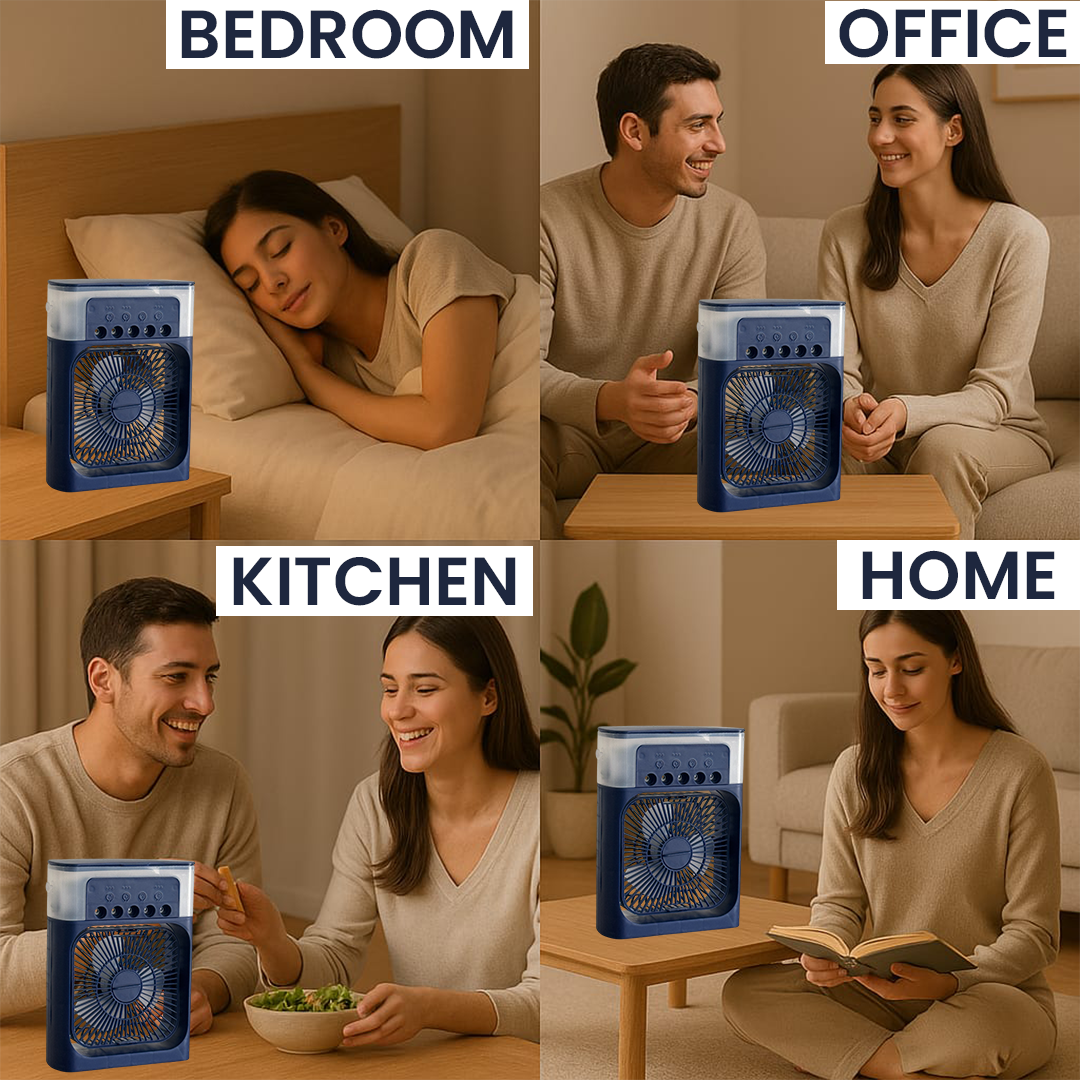 Air Cooler with 7-Color LED, USB Desk Fan, 3-in-1 Evaporative Cooler for Home, Office & Travel – 3 Wind Speeds, Timer & Spray Modes