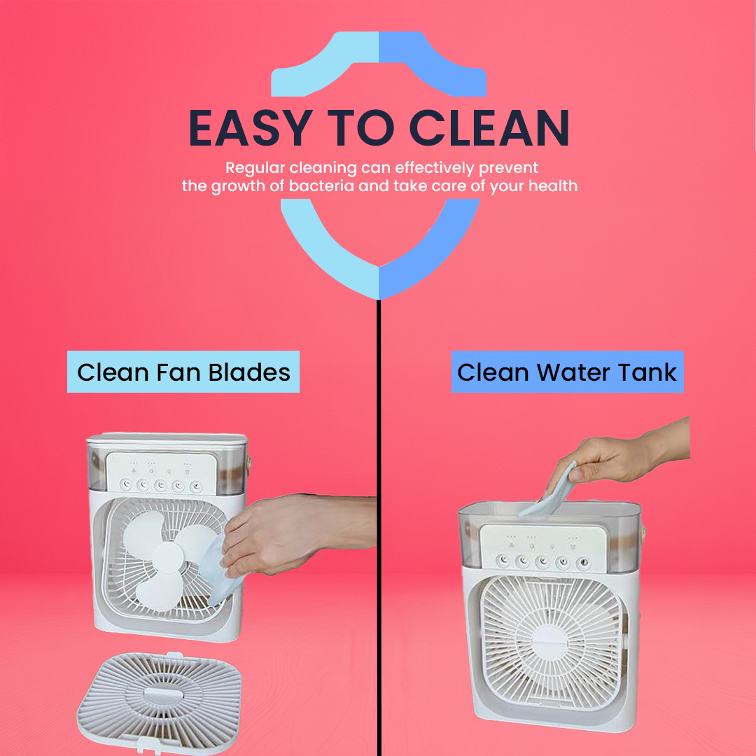 Air Cooler with 7-Color LED, USB Desk Fan, 3-in-1 Evaporative Cooler for Home, Office & Travel – 3 Wind Speeds, Timer & Spray Modes