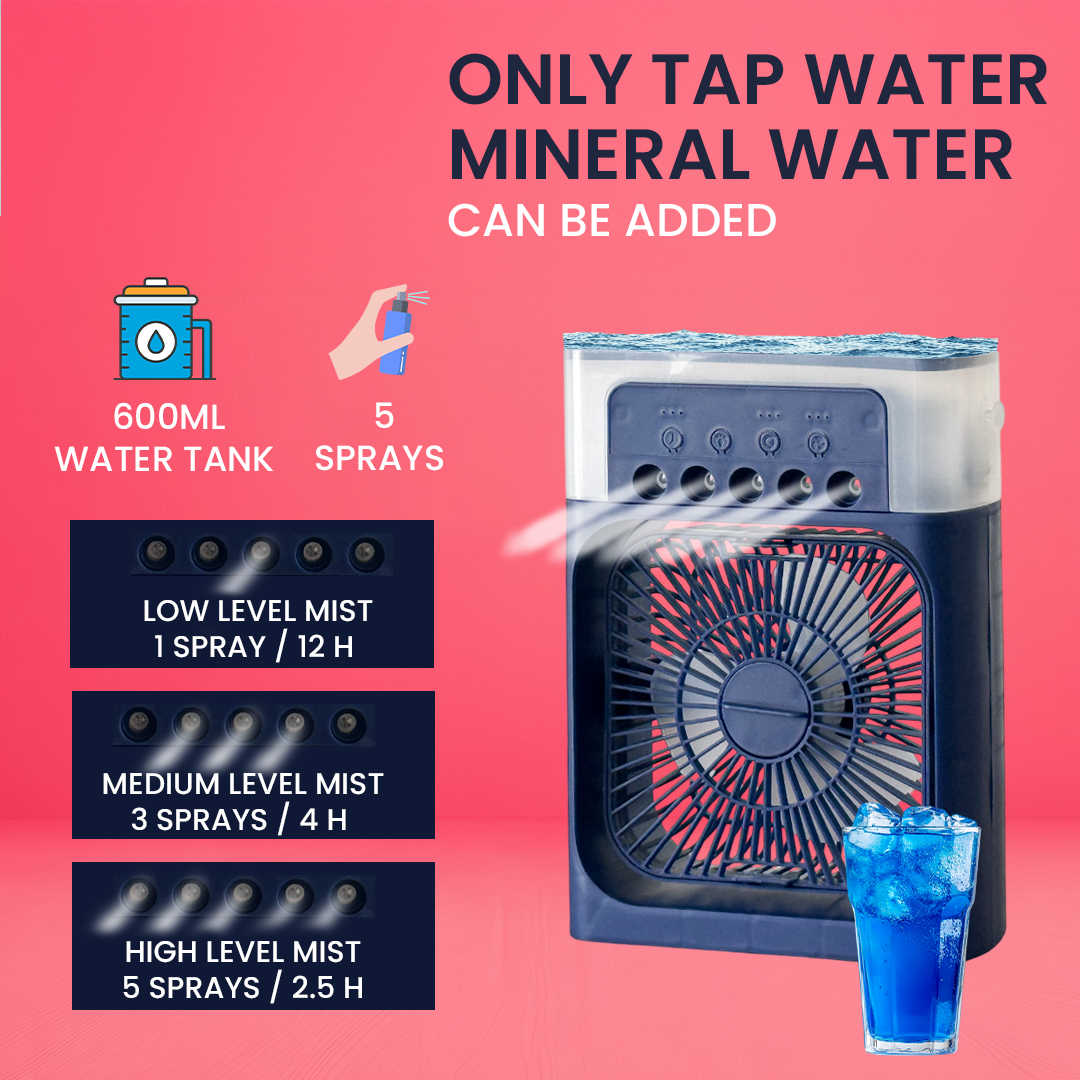 Air Cooler with 7-Color LED, USB Desk Fan, 3-in-1 Evaporative Cooler for Home, Office & Travel – 3 Wind Speeds, Timer & Spray Modes