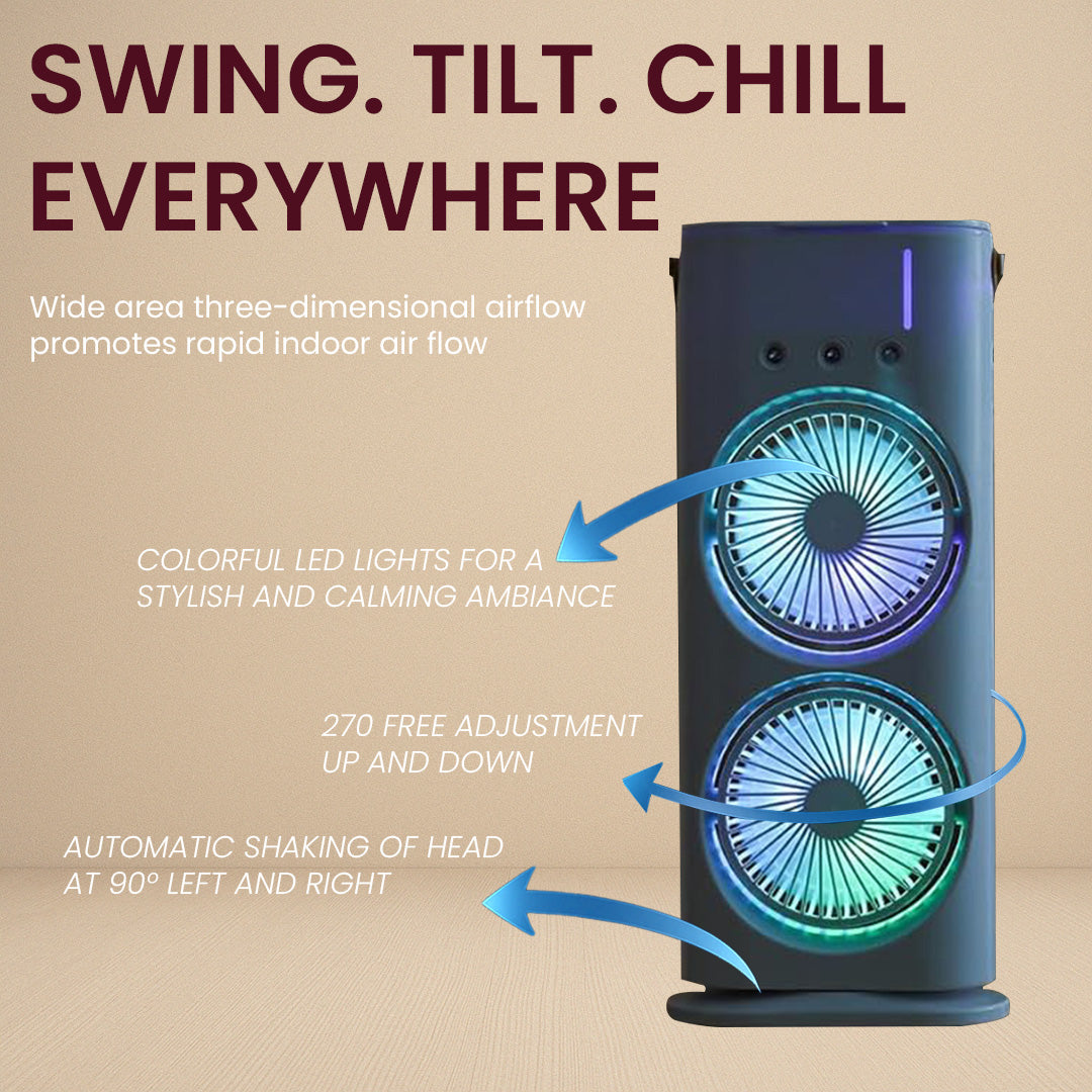 Portable Mini Air Cooler Fan| 3-Speed Control with Double-Ended Spray Cooling and Mist Humidifier | Rechargeable USB Fan with LED Lights | 5 Meter USB Cable and Remote Controller (White)