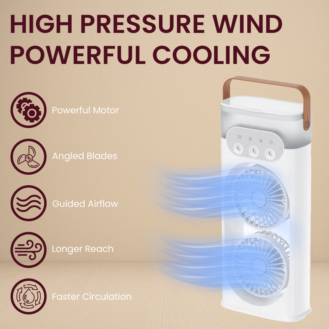 Portable Mini Air Cooler Fan| 3-Speed Control with Double-Ended Spray Cooling and Mist Humidifier | Rechargeable USB Fan with LED Lights | 5 Meter USB Cable and Remote Controller (White)