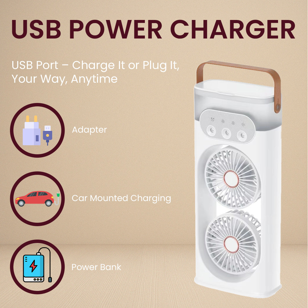Portable Mini Air Cooler Fan| 3-Speed Control with Double-Ended Spray Cooling and Mist Humidifier | Rechargeable USB Fan with LED Lights | 5 Meter USB Cable and Remote Controller (White)