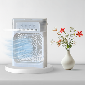 Air Cooler with 7-Color LED, USB Desk Fan, 3-in-1 Evaporative Cooler for Home, Office & Travel – 3 Wind Speeds, Timer & Spray Modes