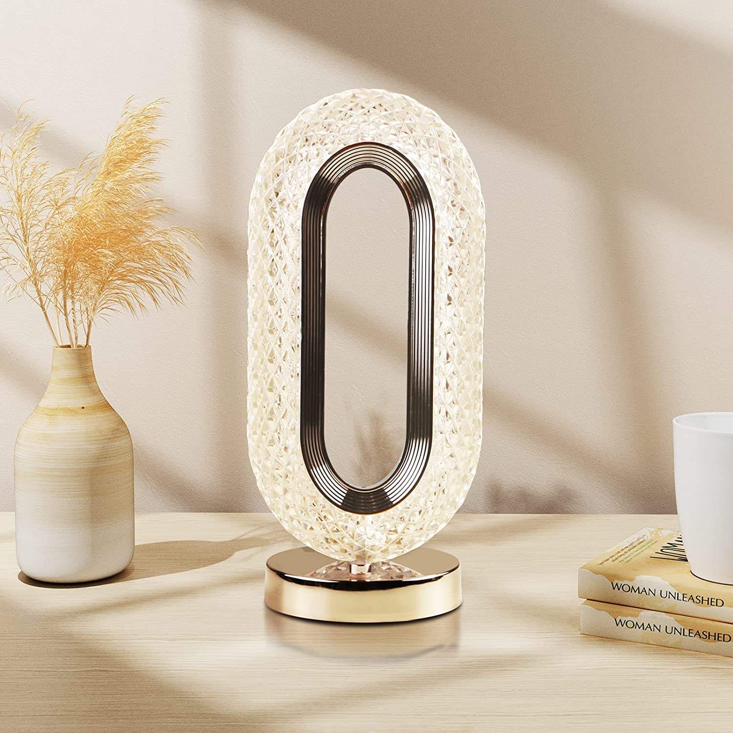 Oval Crystal LED Lamp For Table, Bedroom Decoration with Adjustable Intensity Levels and 3 Color Modes